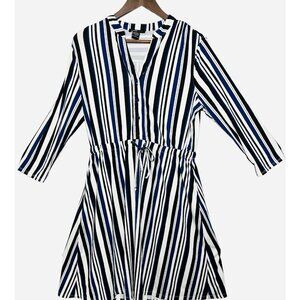 Robert Louis Blue/blk/white Striped Long Sleeve V Neck Dress Size L ($66)